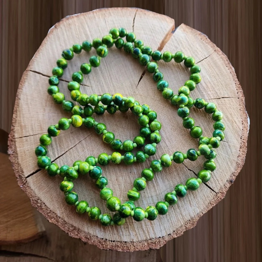 Marbleized Wood Long Beaded Necklace (Hot Pink, Purple, Lime Green) - New